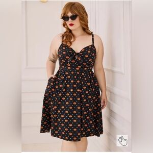 Torrid Retro Chic Black and Orange Pumpkin Midi Dress